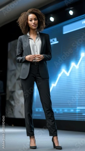 Confident businesswoman presenting financial data in a professional setting with a modern digital backdrop displaying growth trends.