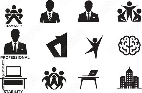 Business icons teamwork success professional brain stability office building vector