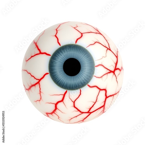 High-detail 3D render of a realistic human eyeball featuring a blue iris, dark pupil, and red veins, isolated on a white background, perfect for medical, anatomical, or horror design use