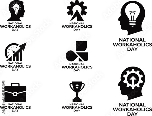 National Workaholics Day logos with lightbulb gear briefcase trophy and graph symbol