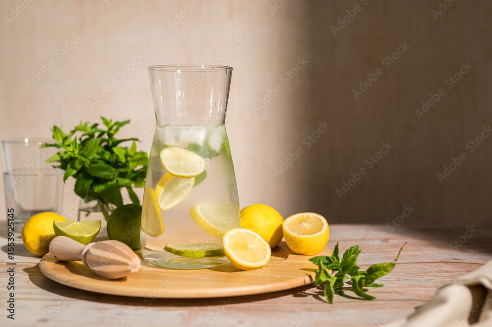 Fototapeta premium Lemonade with lemons, limes and fresh mint. Refreshing, homemade lemonade. Copy space