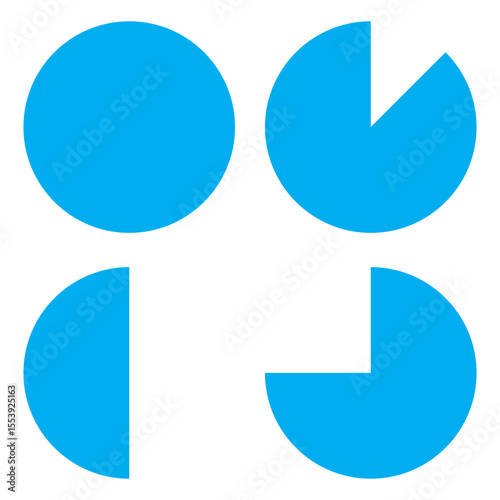 Blue circular charts. Pie diagram elements. Statistical vector graphics. Data visualization icons.