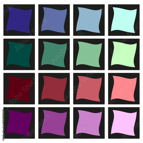 Color palette swatches. Square sample grid. Paint selection chart. Vector color guide.