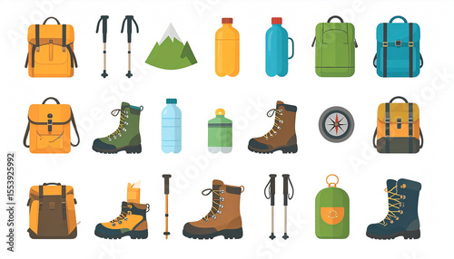 A vibrant collection of hiking and trekking equipment icons, including backpacks, boots, water bottles, trekking poles, a compass, and a stylized mountain peak,