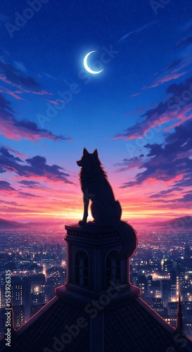Silhouette of a wolf atop a building gazing at a crescent moon, with a vibrant pink and blue sunset sky over a city skyline. Anime-style illustration.