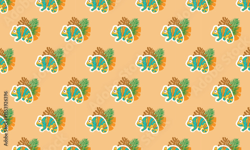 - A colorful chameleon with childlike features and playful camouflage in shades of green, blue, and orange, blending into tropical leaves.