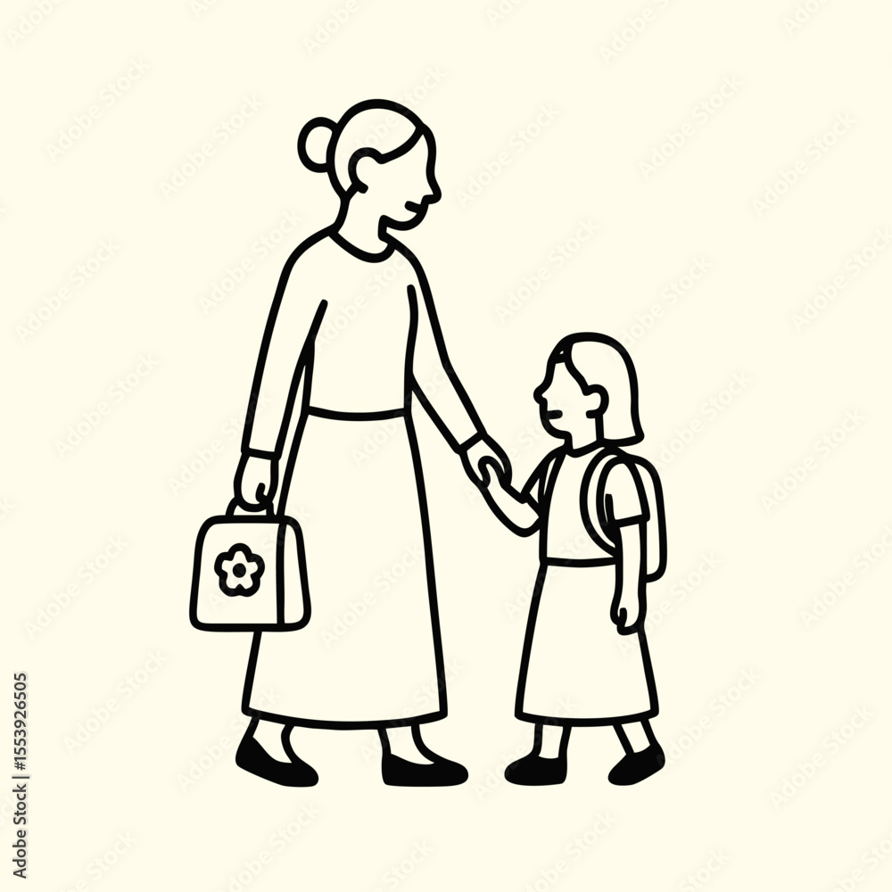 Mother and Daughter Holding Hands Back to School Illustration Mother and Daughter Holding Hands Back to School Illustration