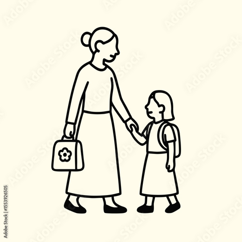 Mother and Daughter Holding Hands Back to School Illustration