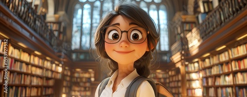 Adorable Cartoon Girl in a Grand Library