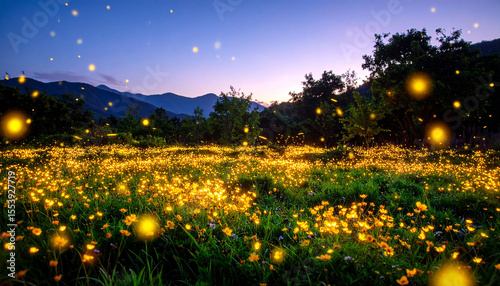 Serene twilight landscape; a field glows with countless fireflies amidst wildflowers, set against a backdrop of silhouetted mountains and a dusky blue sky
