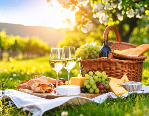 Delightful picnic scene featuring wooden board filled with assorted cheeses, fresh fruits, and pastries, accompanied by two glasses of white wine. setting is illuminated by warm sunlight