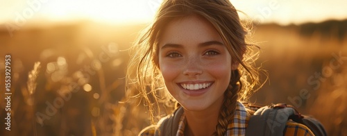Golden Hour Smiles A Young Woman's Joyful Hike