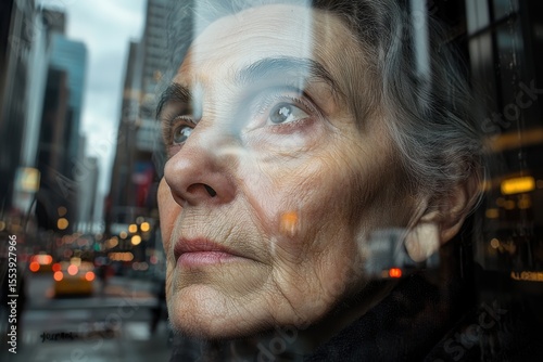 Elderly Woman Gazing Through Window at Cityscape