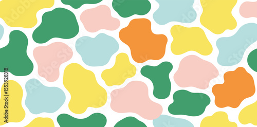 Cartoon kid seamless pattern with multicolor clouds. Liquid amoeba shaped forms. Colorful freeform blotches, organic shapes. Groovy childish abstract design for cover, poster, banner, label, wrapping.