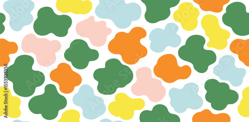 Cartoon kid seamless pattern with multicolor clouds. Liquid amoeba shaped forms. Colorful freeform blotches, organic shapes. Groovy childish abstract design for cover, poster, banner, label, wrapping.