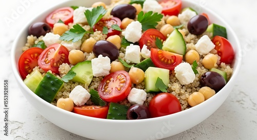 Quinoa Salad Bowl: Vibrant Mediterranean Colors Featuring Fresh Tomatoes, Cucumbers, Olives, Feta Cheese, and Chickpeas for a Healthy and Delicious Meal (Close-up)