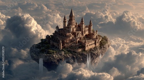 Majestic castle perched atop a floating island surrounded by ethereal clouds