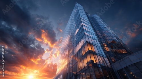 Spectacular sunset view of a modern glass skyscraper reaching towards the sky