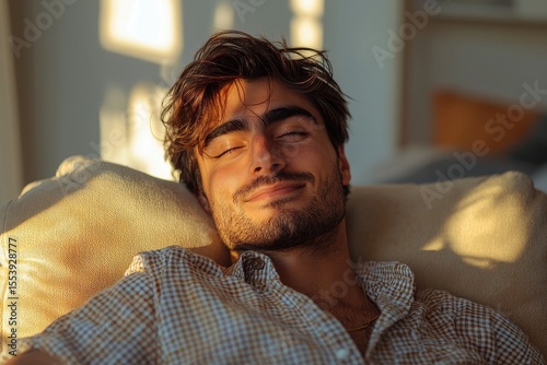 Relaxed Young Man Enjoying Golden Hour Sunlight