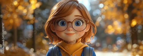 Adorable 3D Cartoon Girl in Autumn Setting