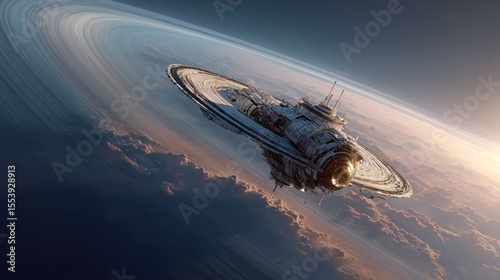 Futuristic interstellar spaceship in orbit with celestial ring structure concept