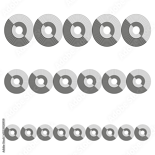 Metallic ring objects. Stacked circular elements. Abstract geometric shapes. Silver volume illustration.