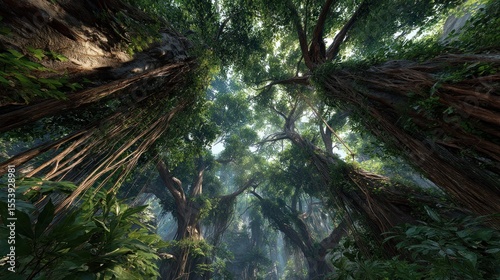 Lush jungle canopy with towering trees and vibrant green foliage offering a serene atmosphere