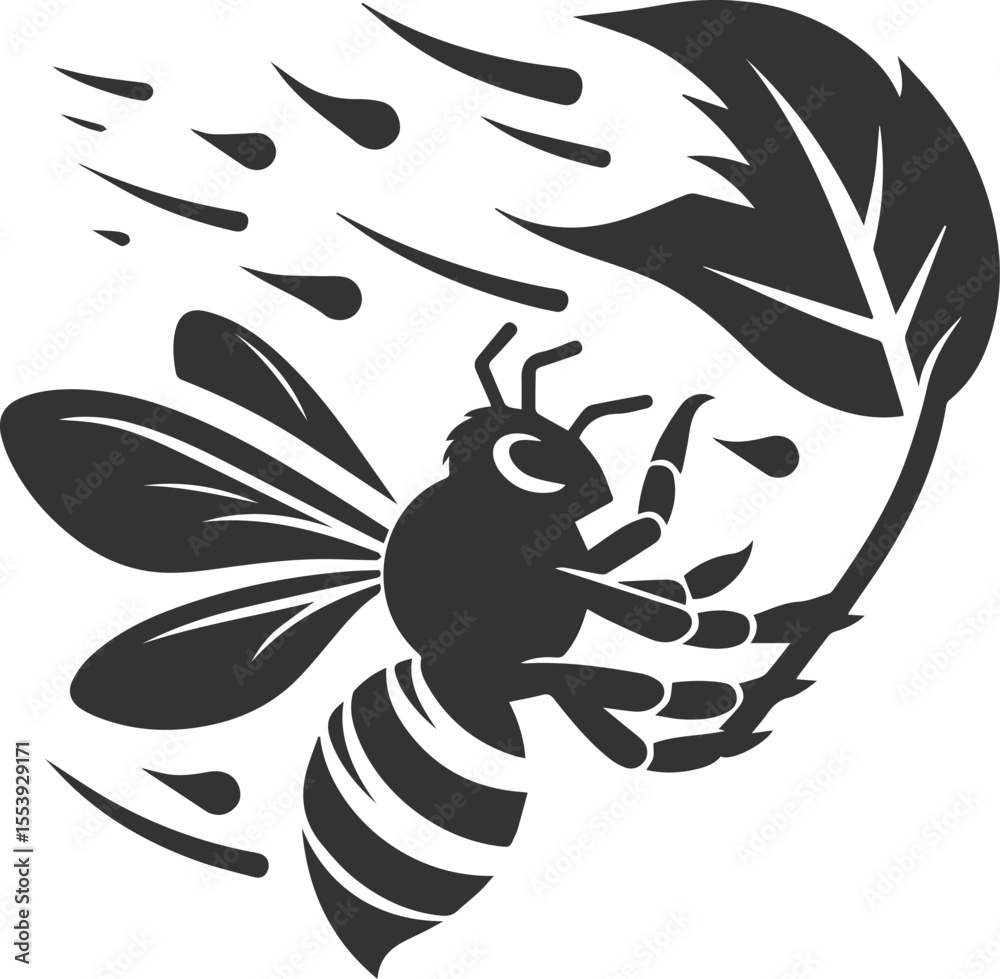 Fototapeta premium Small insect bee sitting silhouette vector illustration black