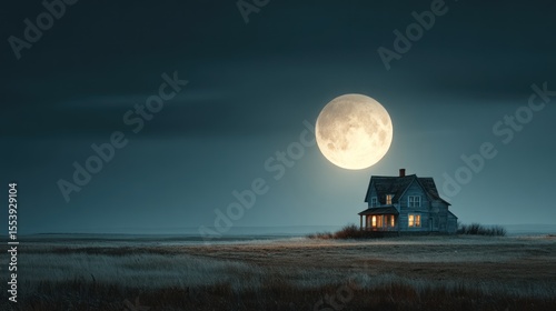 Mystical Moonlight Scene: Old House Bathed in Lunar Glow under Dramatic Skies
