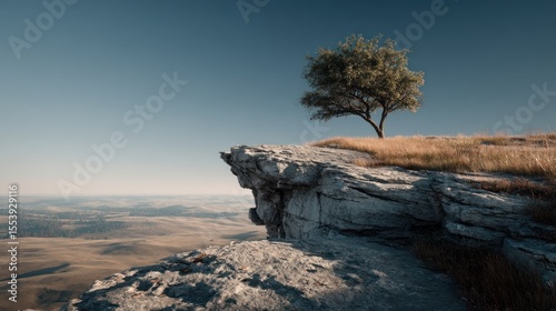 Solitary Tree on a Cliff: Panoramic View of Nature's Majesty and Serene Landscape