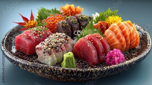 Exquisite Sashimi Platter: A Colorful Selection of Fresh Seafood and Garnishes