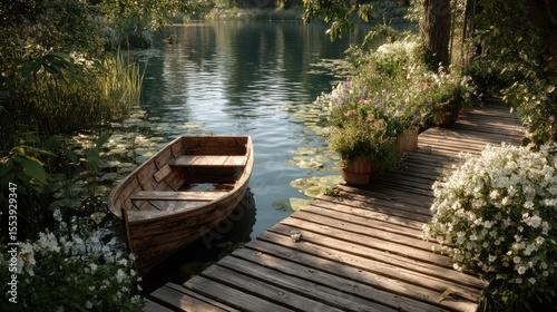 Serene lakeside scene with a rustic wooden boat and flower-lined dock