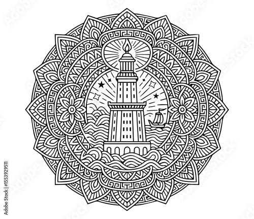 "The Lighthouse of Alexandria within a Mandala – The Radiance of Wisdom from the Ancient World"
 منارة الاسكندرية