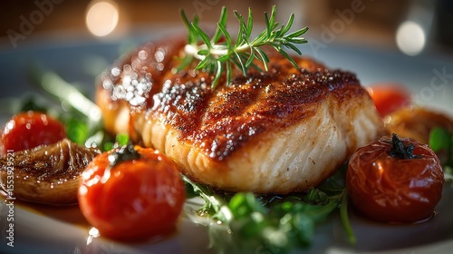 Delicious grilled fish fillet served with roasted tomatoes and rosemary garnish