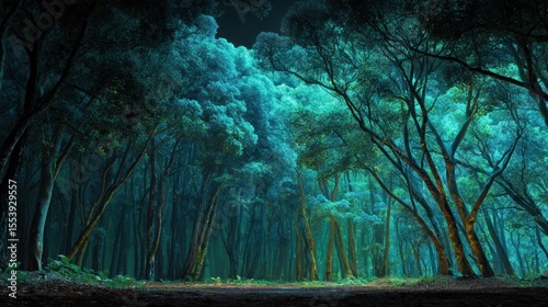 Ethereal forest landscape featuring glowing turquoise trees and a mystical atmosphere