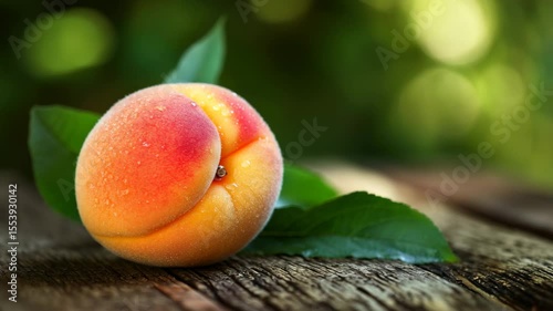 peaches on a wooden table with green leaves