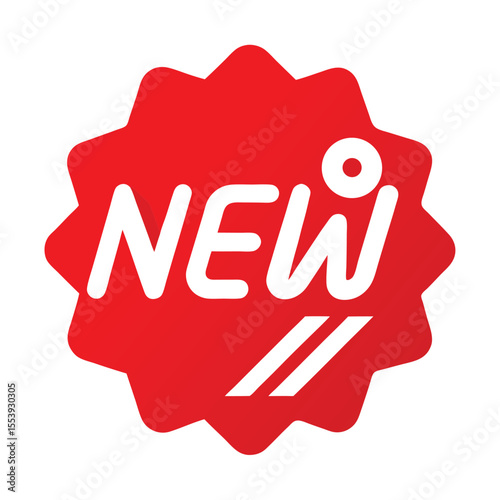 Red new label icon with white text for promotions and announcements