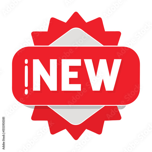 Red circular label with white new text graphic element