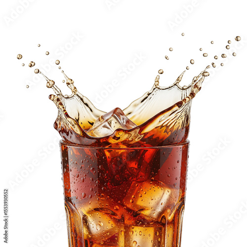 Canvas Print Cola splash with ice cubes in glass