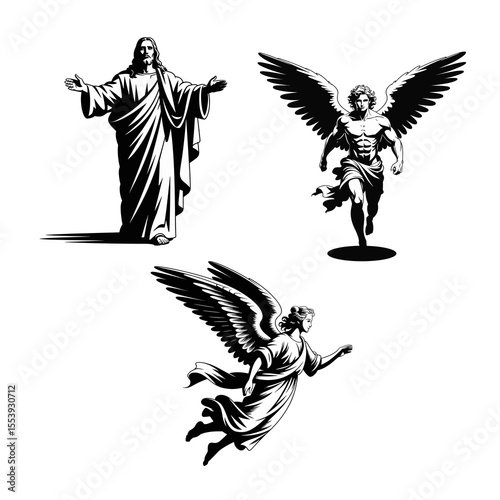 Set of Religious and Angelic Figures: Black and White Vector Illustrations of Jesus Christ with Open Arms and Dynamic Winged Angels, representing spiritual and Christian themes.