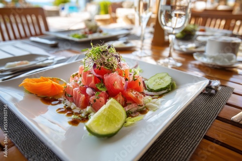 Tahitian cuisine features Poisson Cru a raw fish salad as its national dish Aerial view of a hotel meal in Bora Bora