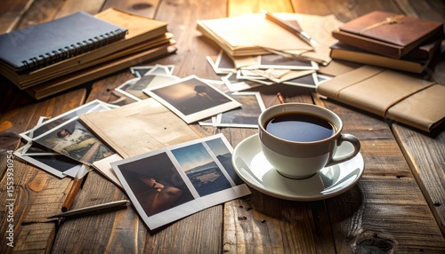 Scattered Polaroids on wooden desk with coffee stains