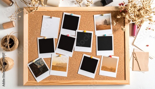Polaroid collage on vintage corkboard