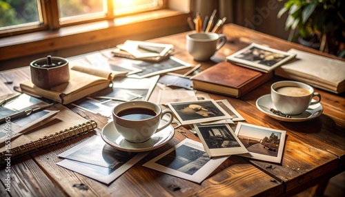 Scattered Polaroids on wooden desk with coffee stains