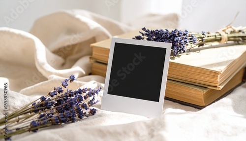 Single Polaroid on linen sheet with dried lavender