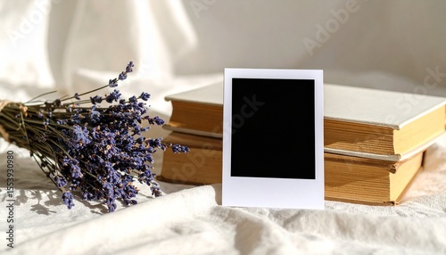 Single Polaroid on linen sheet with dried lavender