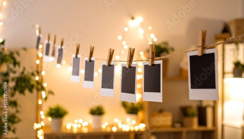 Polaroid photo clipped on fairy-light string over bedroom wall