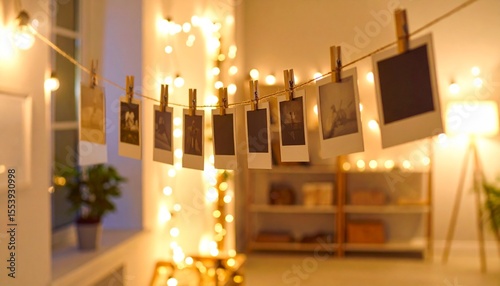 Polaroid photo clipped on fairy-light string over bedroom wall