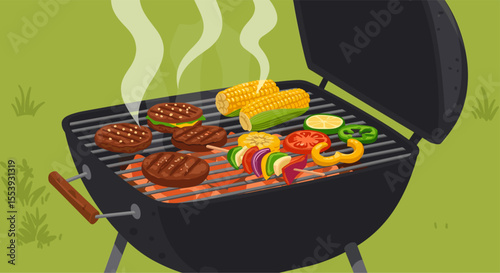 Grilled food on barbecue in green outdoor setting