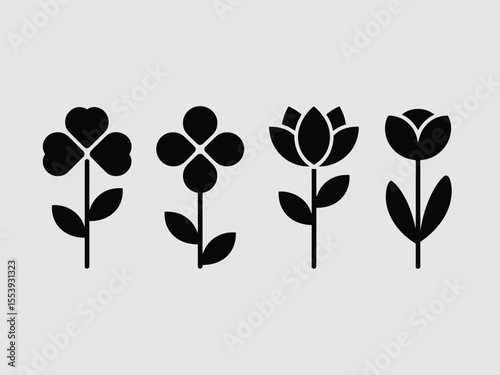 Black Floral Silhouettes on Light Gray Background flower